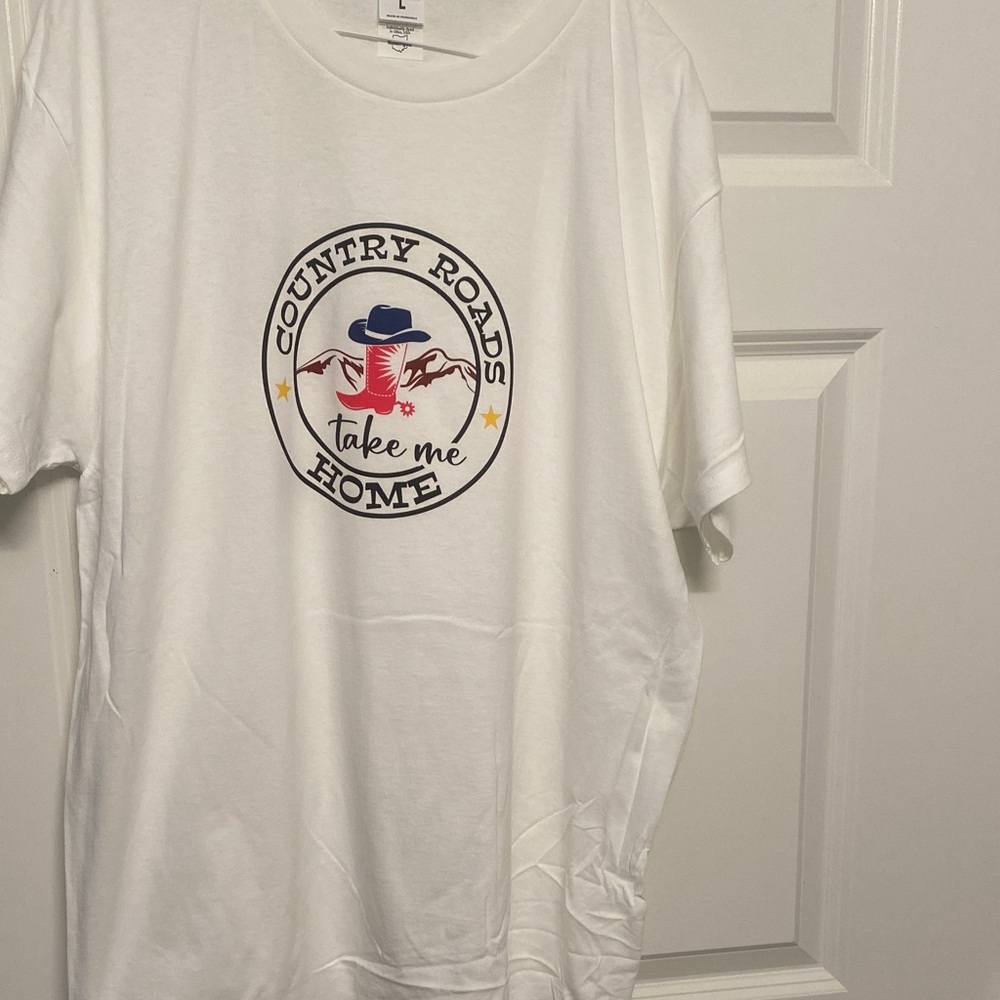 White Graphic T-Shirt with Country Roads Design